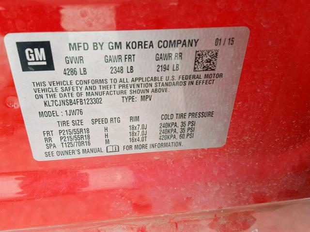 KL7CJNSB4FB123302 - 2015 CHEVROLET TRAX LTZ RED photo 10