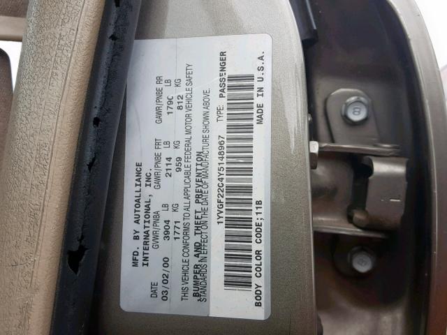 1YVGF22C4Y5148967 - 2000 MAZDA 626 ES GOLD photo 10