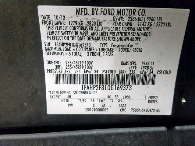 1FAHP2F81DG169373 - 2013 FORD TAURUS LIM BLACK photo 10