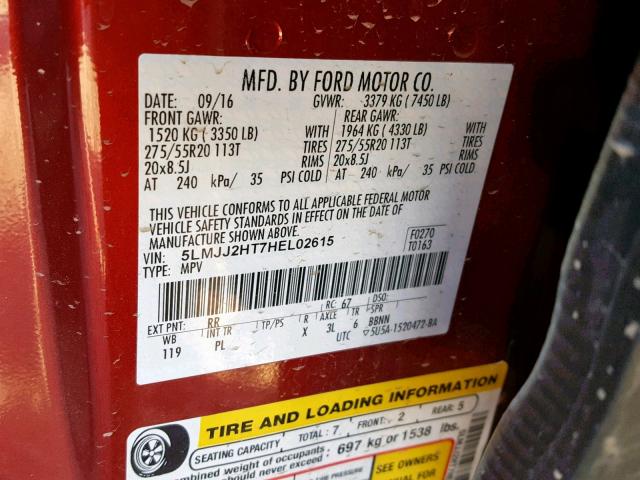 5LMJJ2HT7HEL02615 - 2017 LINCOLN NAVIGATOR Марун фото 10