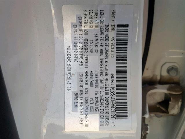 JM3TB38A580162974 - 2008 MAZDA CX-9 WHITE photo 10