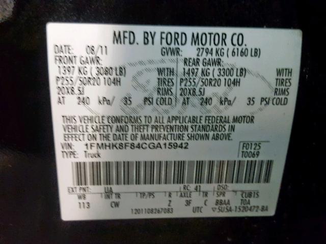 1FMHK8F84CGA15942 - 2012 FORD EXPLORER L BLACK photo 10