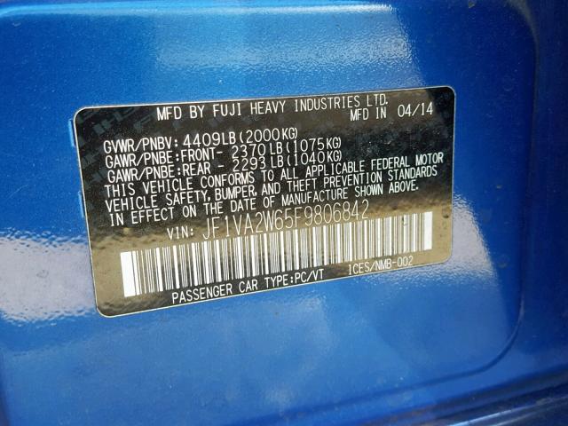 JF1VA2W65F9806842 - 2015 SUBARU WRX STI BLUE photo 10