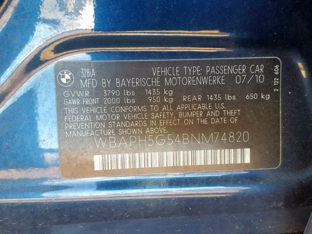 WBAPH5G54BNM74820 - 2011 BMW 328 I SULE BLUE photo 10