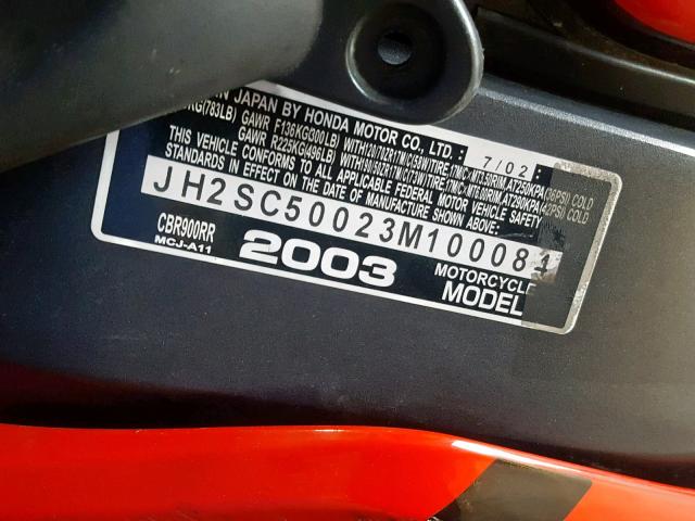 JH2SC50023M100084 - 2003 HONDA CBR900 RR RED photo 10