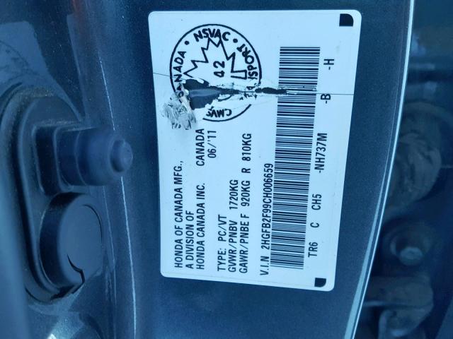 2HGFB2F99CH006659 - 2012 HONDA CIVIC EXL GRAY photo 10