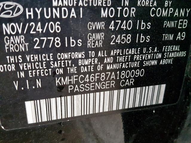 KMHFC46F87A180090 - 2007 HYUNDAI AZERA SE BLACK photo 10