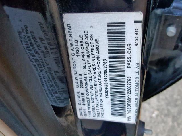 YS3DF58K122002763 - 2002 SAAB 9-3 SE BLUE photo 10