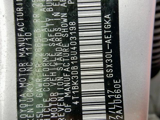 4T1BK3DB1BU403198 - 2011 TOYOTA AVALON BAS 银色 照片 10