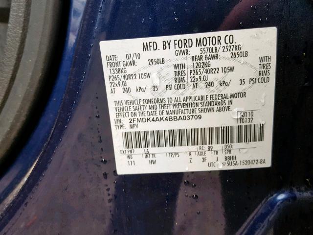 2FMDK4AK4BBA03709 - 2011 FORD EDGE SPORT BLUE photo 10