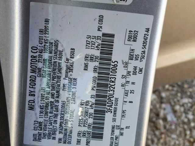 3FADP0L32CR310065 - 2012 FORD FUSION HYB SILVER photo 10