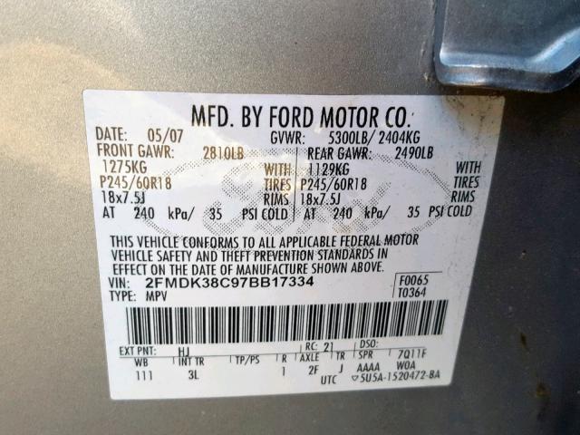 2FMDK38C97BB17334 - 2007 FORD EDGE SEL SILVER photo 10