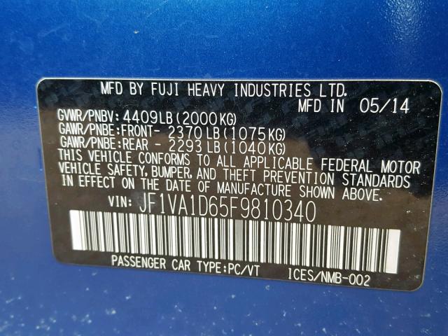 JF1VA1D65F9810340 - 2015 SUBARU WRX PREMIU BLUE photo 10