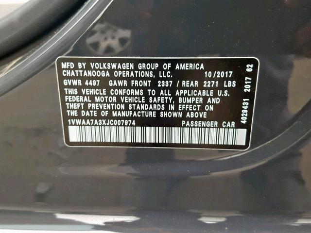 1VWAA7A3XJC007974 - 2018 VOLKSWAGEN PASSAT S GRAY photo 10