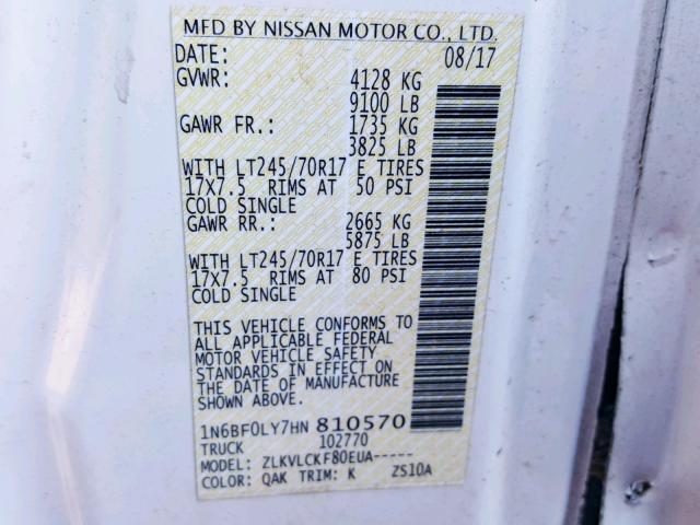 1N6BF0LY7HN810570 - 2017 NISSAN NV 2500 S WHITE photo 10