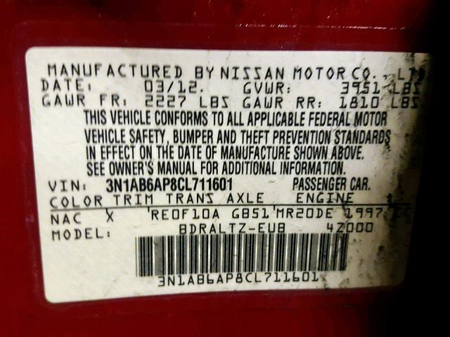 3N1AB6AP8CL711601 - 2012 NISSAN SENTRA 2.0 RED photo 10