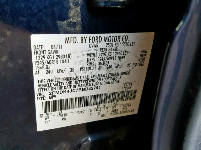 2FMDK4JC7BBB42791 - 2011 FORD EDGE SEL BLUE photo 10