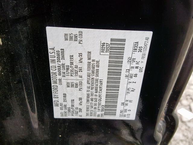 1FTYR10U91TA91691 - 2001 FORD RANGER BLACK photo 10