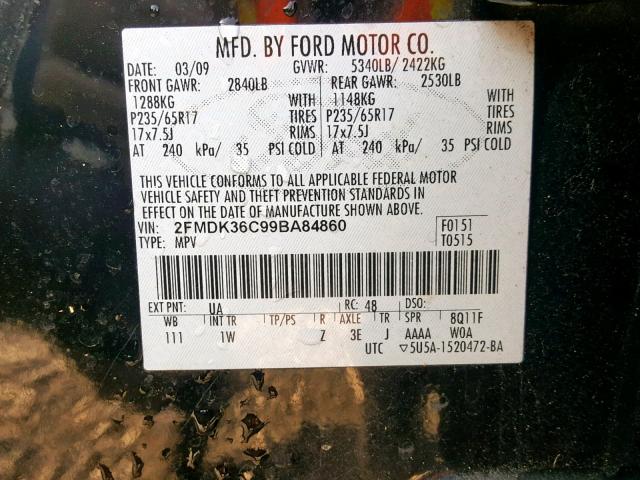 2FMDK36C99BA84860 - 2009 FORD EDGE SE BLACK photo 10