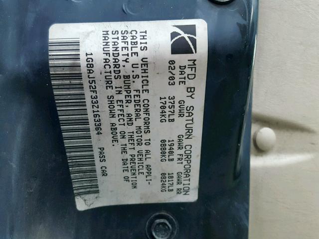 1G8AJ52F33Z163364 - 2003 SATURN ION LEVEL BLACK photo 10