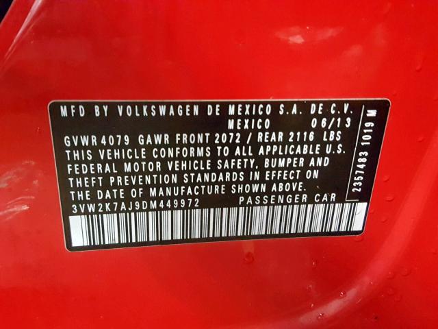 3VW2K7AJ9DM449972 - 2013 VOLKSWAGEN JETTA BASE 红色 照片 10