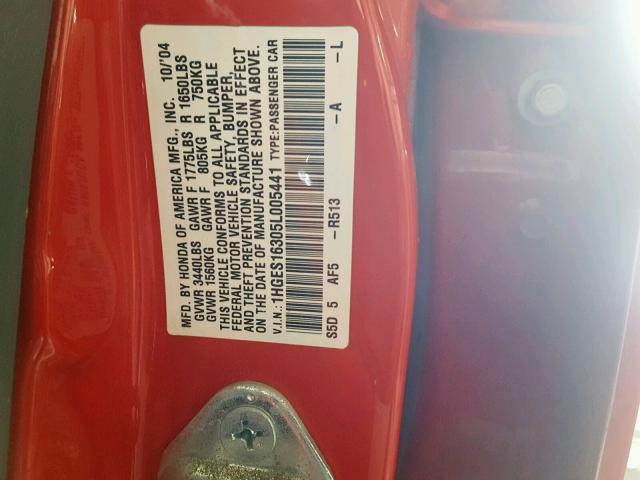 1HGES16305L005441 - 2005 HONDA CIVIC DX V RED photo 10