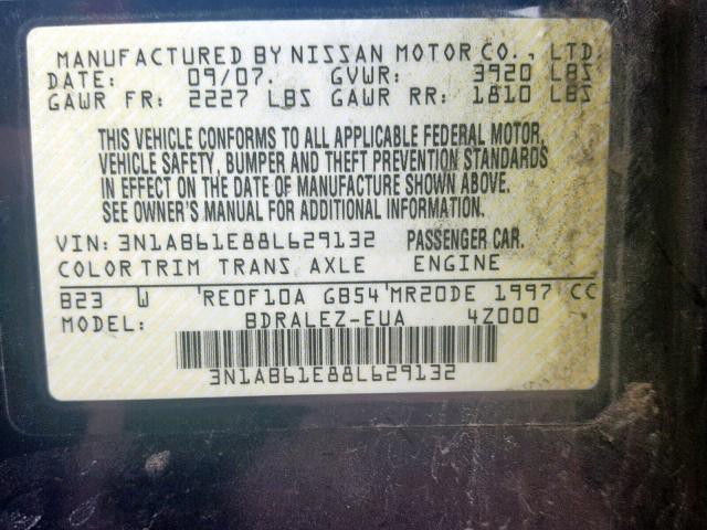 3N1AB61E88L629132 - 2008 NISSAN SENTRA 2.0 BLUE photo 10