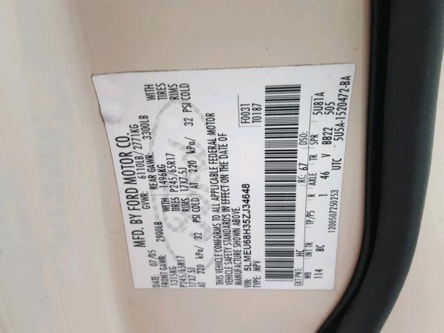 5LMEU68H35ZJ34648 - 2005 LINCOLN AVIATOR 奶油色 照片 10