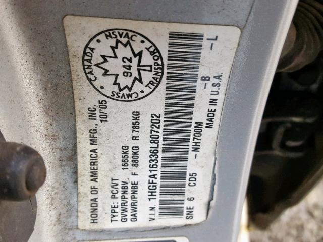 1HGFA16336L807202 - 2006 HONDA CIVIC DX V SILVER photo 10