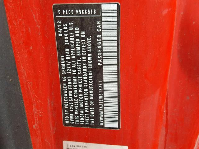 WVWMM7AJ1CW318751 - 2012 VOLKSWAGEN GOLF RED photo 10