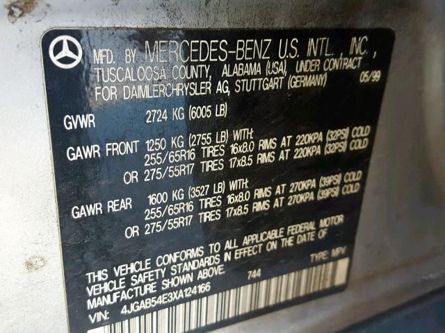 4JGAB54E3XA124166 - 1999 MERCEDES-BENZ ML 320 SILVER photo 10