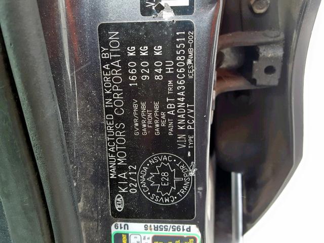 KNADN4A36C6085511 - 2012 KIA RIO EX GRAY photo 10