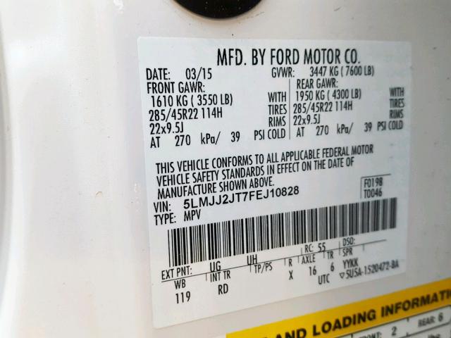 5LMJJ2JT7FEJ10828 - 2015 LINCOLN NAVIGATOR 白色 照片 10