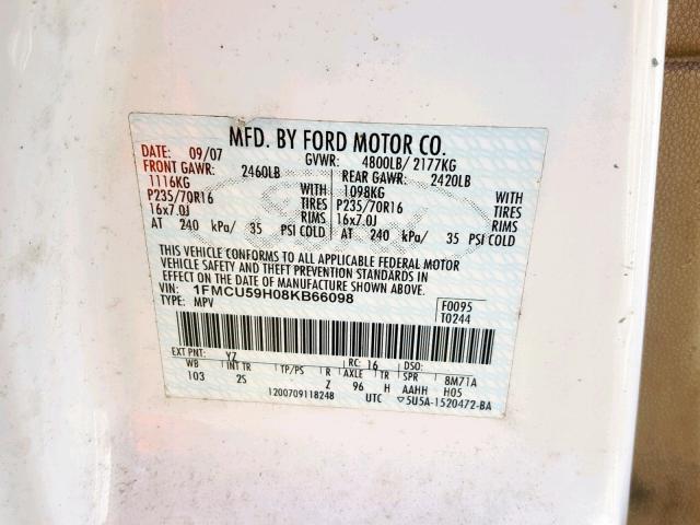 1FMCU59H08KB66098 - 2008 FORD ESCAPE HEV WHITE photo 10