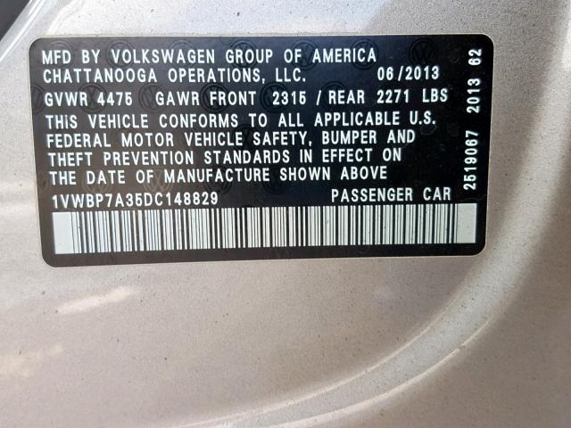 1VWBP7A35DC148829 - 2013 VOLKSWAGEN PASSAT SE SILVER photo 10