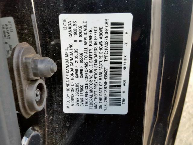 2HGFC3B74HH354271 - 2017 HONDA CIVIC EXL BLACK photo 10