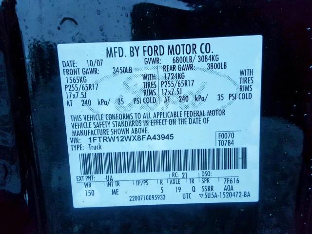 1FTRW12WX8FA43945 - 2008 FORD F-150 BLACK photo 10