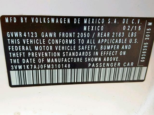 3VW1K7AJ0FM310148 - 2015 VOLKSWAGEN JETTA BASE Սպիտակ լուսանկար 10