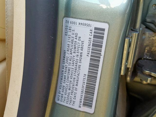 WVWRH63B03P387578 - 2003 VOLKSWAGEN PASSAT GLX GREEN photo 10