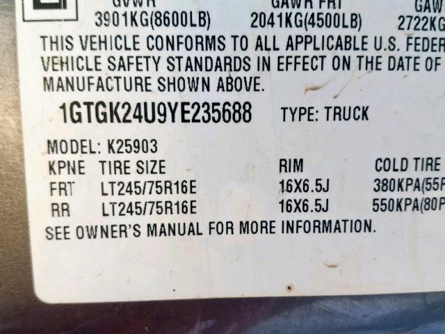 1GTGK24U9YE235688 - 2000 GMC NEW SIERRA CHARCOAL photo 10