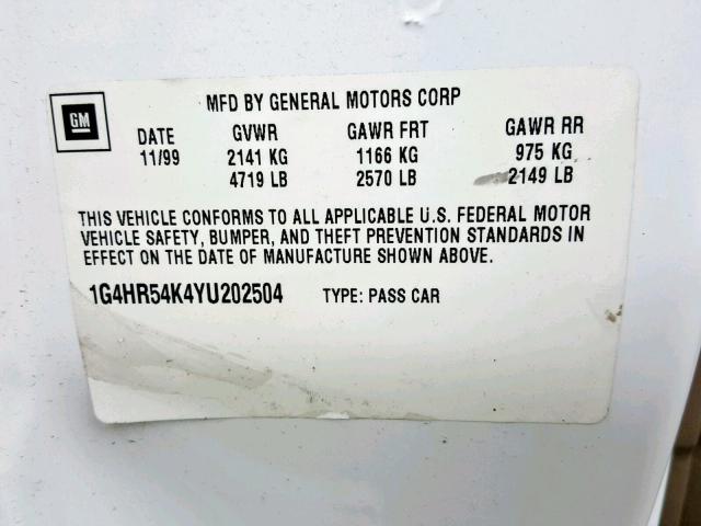 1G4HR54K4YU202504 - 2000 BUICK LESABRE LI WHITE photo 10