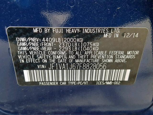 JF1VA1J67F8828056 - 2015 SUBARU WRX LIMITE BLUE photo 10