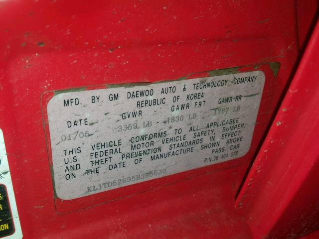 KL1TD52695B395623 - 2005 CHEVROLET AVEO BASE Қызыл фото 10