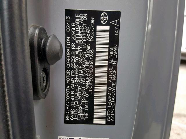 JTKJF5C74D3063236 - 2013 TOYOTA SCION TC 灰色 照片 10