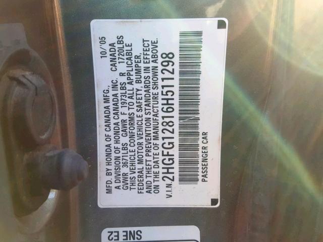 2HGFG12816H511298 - 2006 HONDA CIVIC EX GRAY photo 10