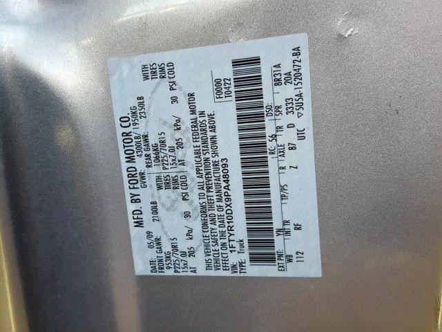 1FTYR10DX9PA48093 - 2009 FORD RANGER SILVER photo 10