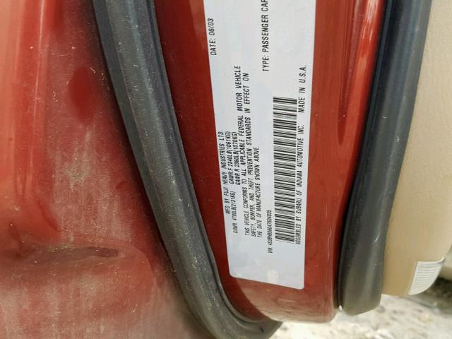 4S3BH806047604035 - 2004 SUBARU LEGACY OUT RED photo 10