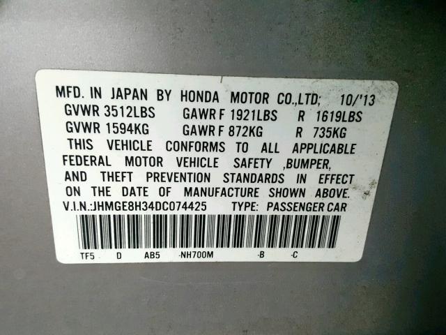 JHMGE8H34DC074425 - 2013 HONDA FIT SILVER photo 10