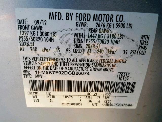 1FM5K7F92DGB26674 - 2013 FORD EXPLORER L SILVER photo 10