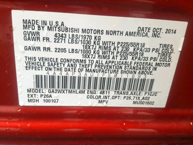 4A4AP3AU1FE011693 - 2015 MITSUBISHI OUTLANDER RED photo 10